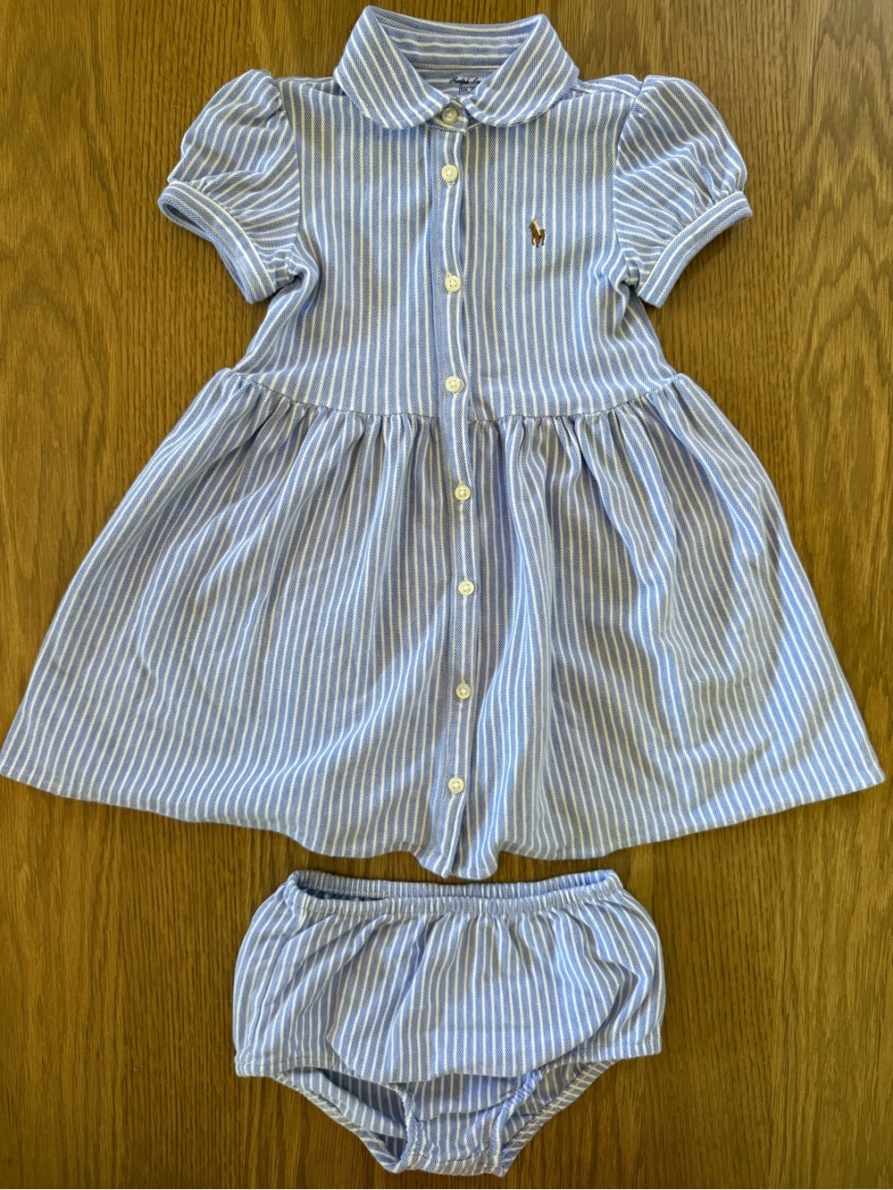 Ralph Lauren Girls 24M Blue White Striped Cotton Shirt Dress & Bloomers Set
